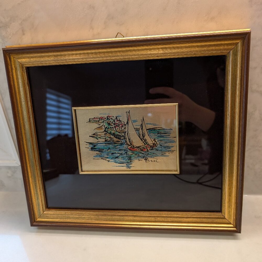 Vintage Italian Picture of sail boats along the coast on gold leaf and hand pain